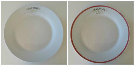 Two printed plates, one with a custom printed red band around the rim