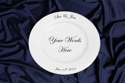 Custom printed dinner plate with script writing on face of plate
