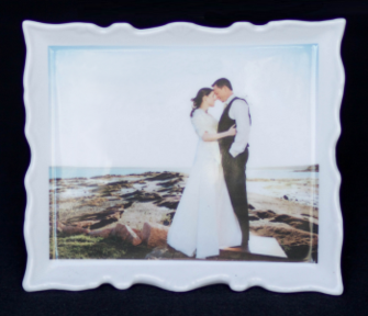 custom wedding image on face of porcelain square plate