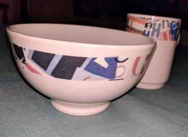 printed art on personalized bowls with matching mug