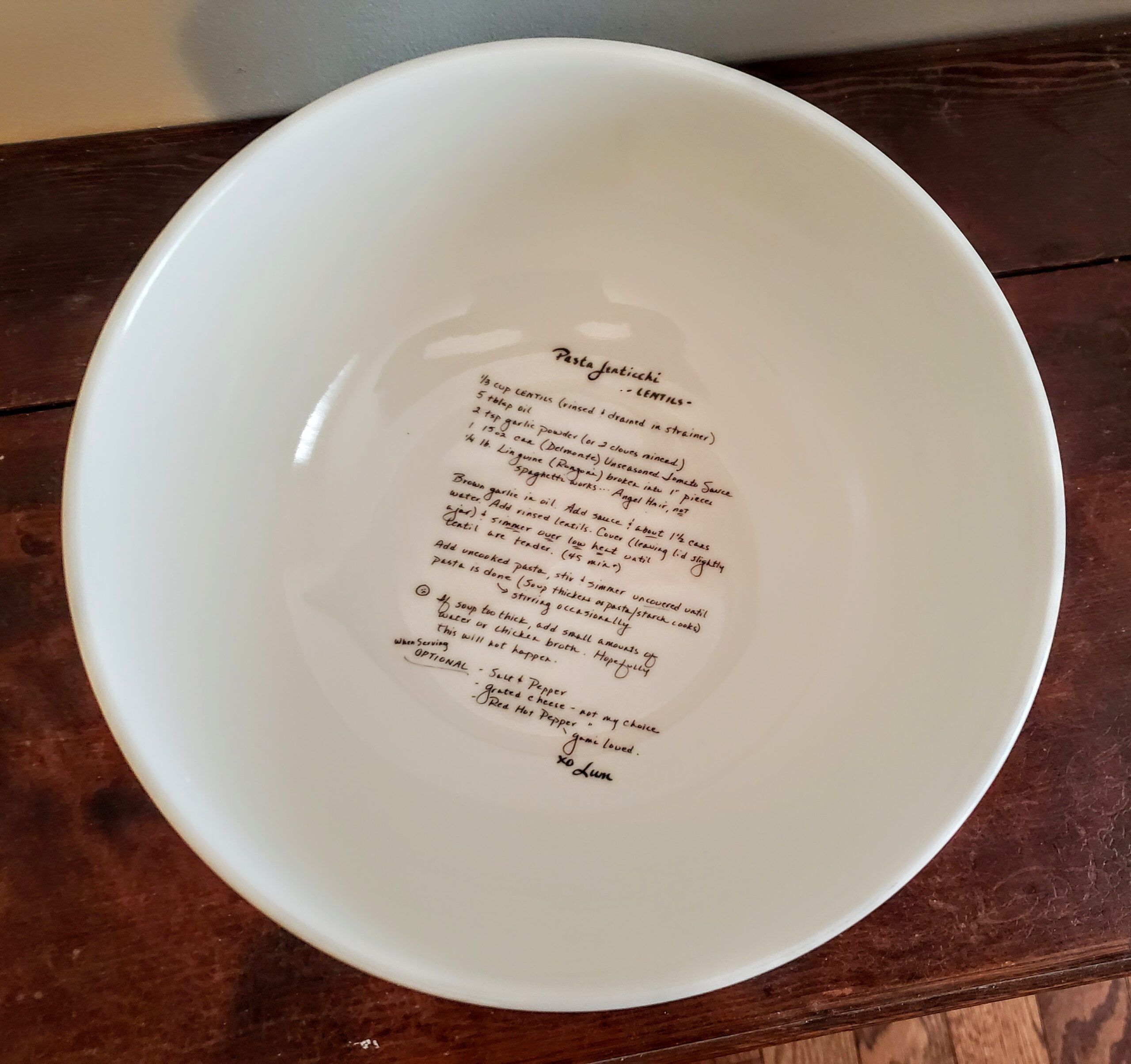 Custom Printed Recipe or Favorite Saying, Scripture, Book Part inside Bowl