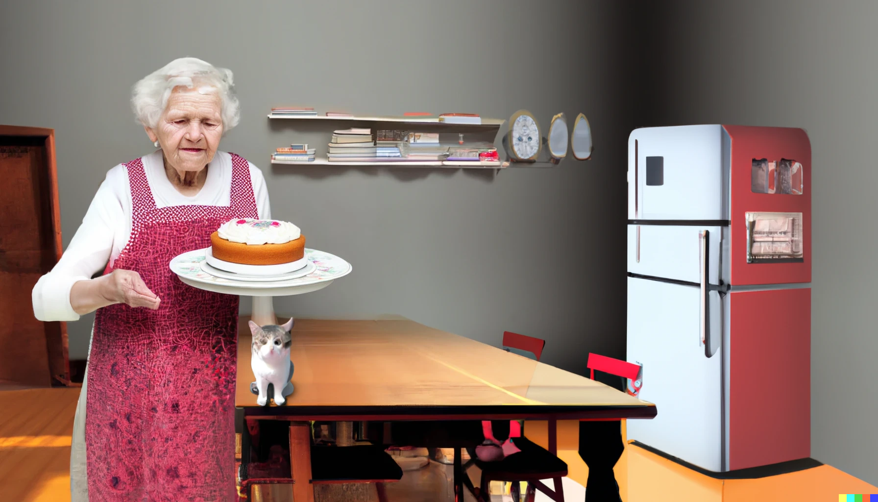 Grandma holding her custom printed cake plate with stand 10 inch size cat watching