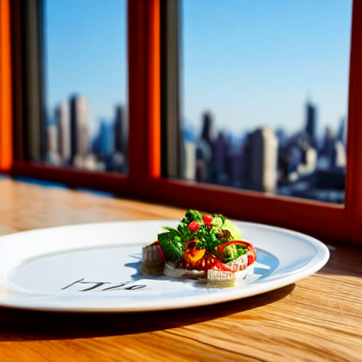 Photo_a_plate_with_a_logo_printed_on_the_rim_of_the_plate_the_plate_sits_on_a_nice_table_with_a_window_overlooking_the_skyline_in_a_fancy_restaurant
