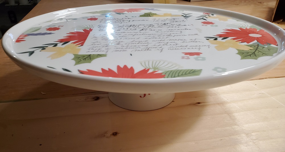 custom printed cake plate with stand and recipe printed on it 1