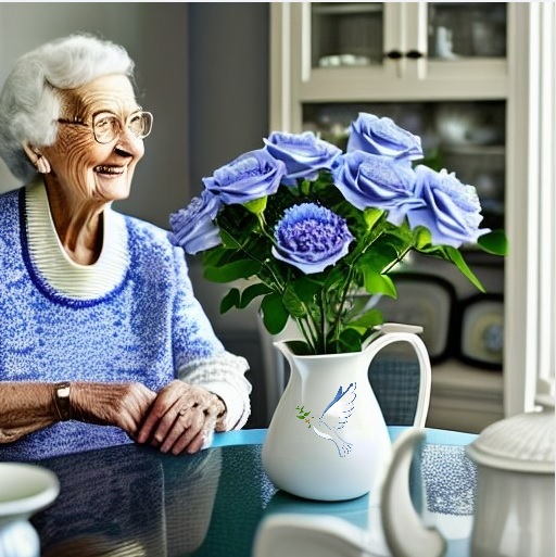 grandma with purple flowers and her favorit printed vase