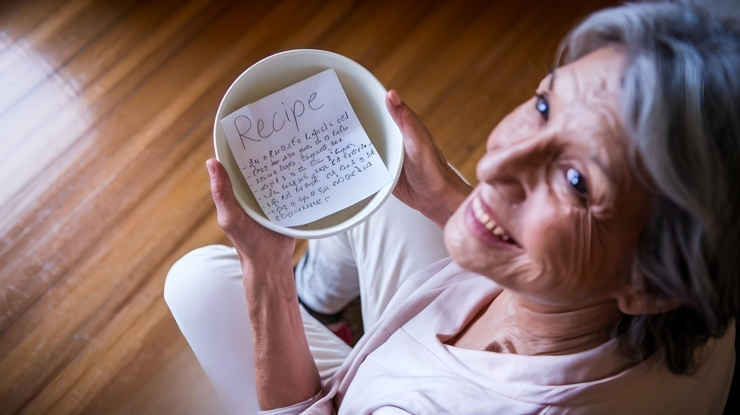 Grandmother having her recipe idea on paper placing it inside the bowl