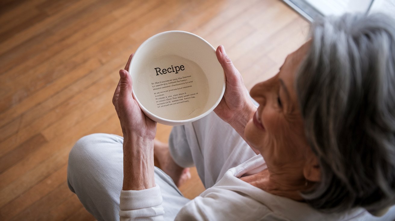 Grandmother now sitting down holding her printed bowl with the recipe printed inside the bowl permanently