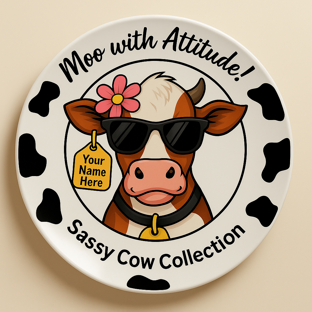 ChatGPT Image Jun 29, 2025, 11_08_21 AM Cow Print Dinnerware Set Sassy Collection Tag on left ear