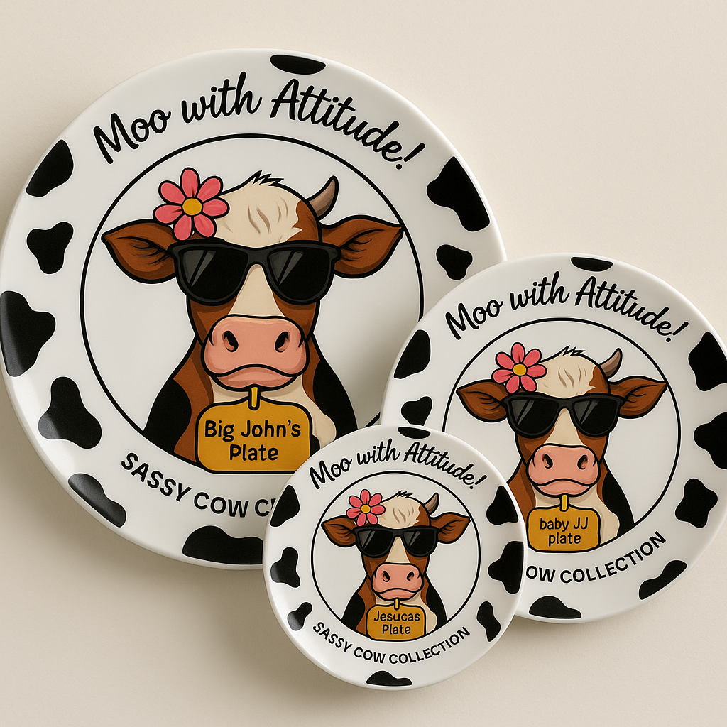 Cow Print Dinnerware Set Personalized Sassy Cow Collection 3 piece set Cow Print Dinnerware Set Personalized Sassy Cow Collection 3 piece set