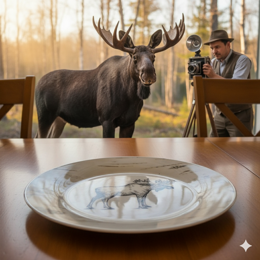 A photographer with a camera taking a picture of a live moose, highlighting the original photo moment that leads to a custom-printed plate.