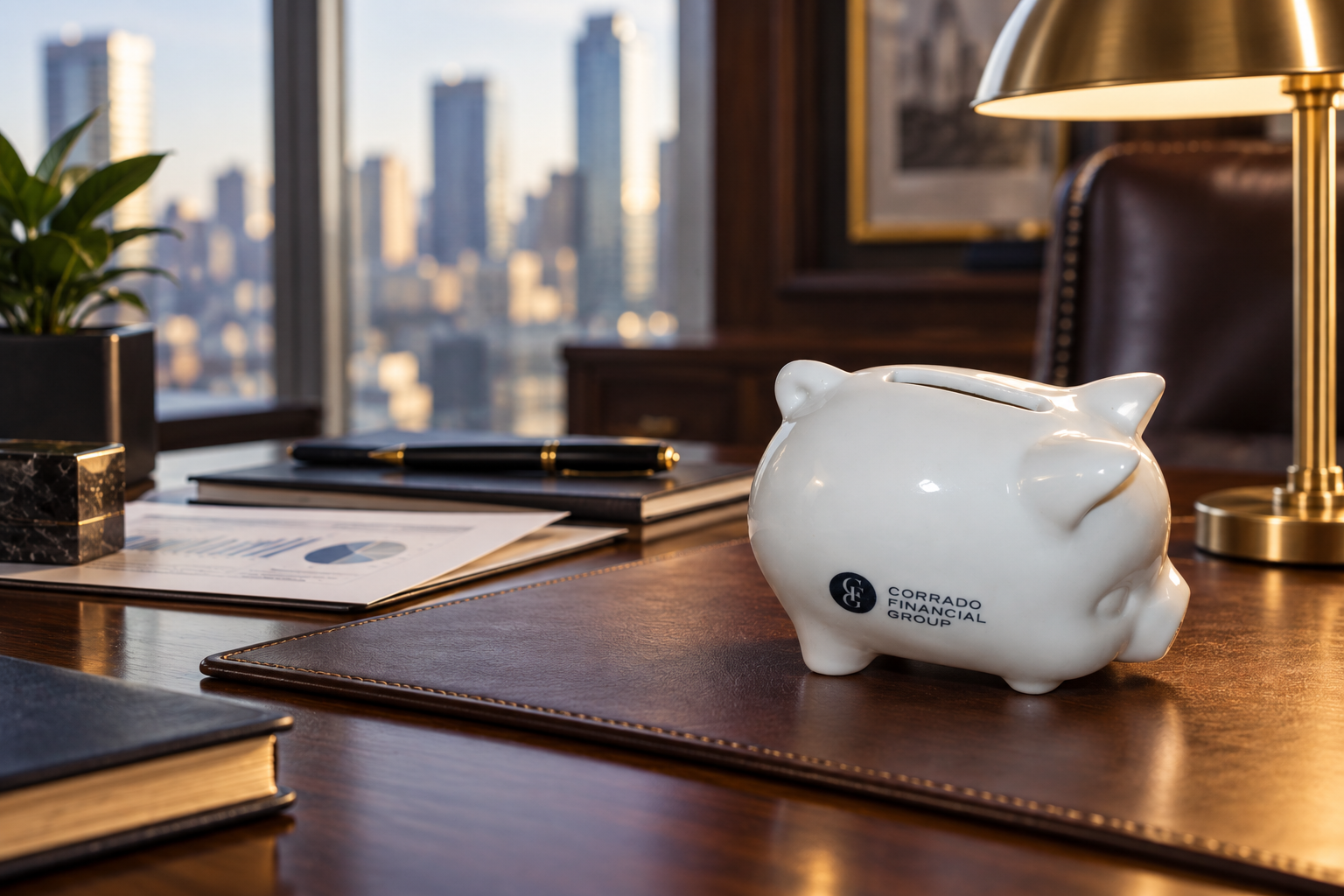 White porcelain piggy bank with a custom financial group logo on a leather executive desk.